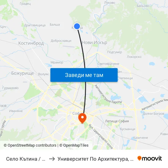 Село Кътина / Katina Village (1545) to Университет По Архитектура, Строителство И Геодезия - Ректорат map