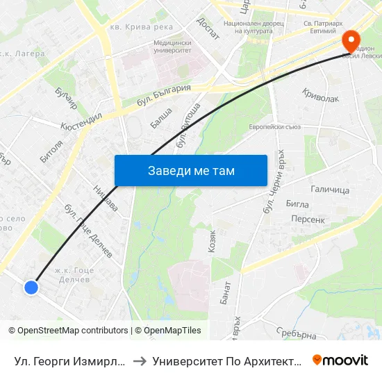 Ул. Георги Измирлиев / Georgi Izmirliev St. (6279) to Университет По Архитектура, Строителство И Геодезия - Ректорат map