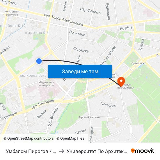 Умбалсм Пирогов / Pirogov Emergency Hospital (0758) to Университет По Архитектура, Строителство И Геодезия - Ректорат map