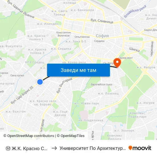 Ⓜ️ Ж.К. Красно Село / Krasno Selo Qr. (0640) to Университет По Архитектура, Строителство И Геодезия - Ректорат map