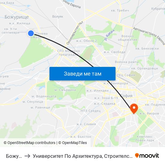 Божурище to Университет По Архитектура, Строителство И Геодезия - Ректорат map