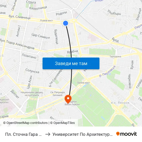 Пл. Сточна Гара / Stochna Gara Sq. (1321) to Университет По Архитектура, Строителство И Геодезия - Ректорат map