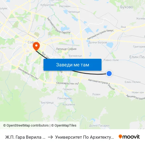 🚉 Ж.П. Гара Верила / Verila Train Station (2803) to Университет По Архитектура, Строителство И Геодезия - Ректорат map