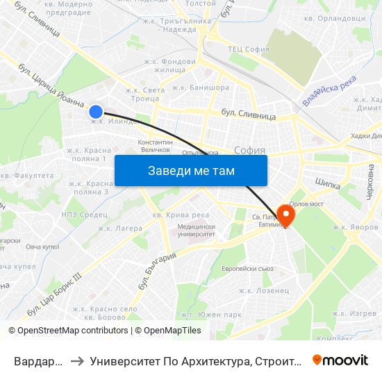 Вардар / Vardar to Университет По Архитектура, Строителство И Геодезия - Ректорат map