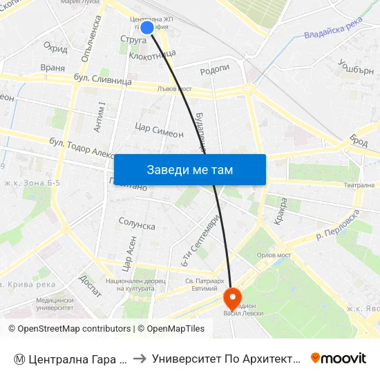 Ⓜ️ Централна Гара / Central Railway Station (1333) to Университет По Архитектура, Строителство И Геодезия - Ректорат map