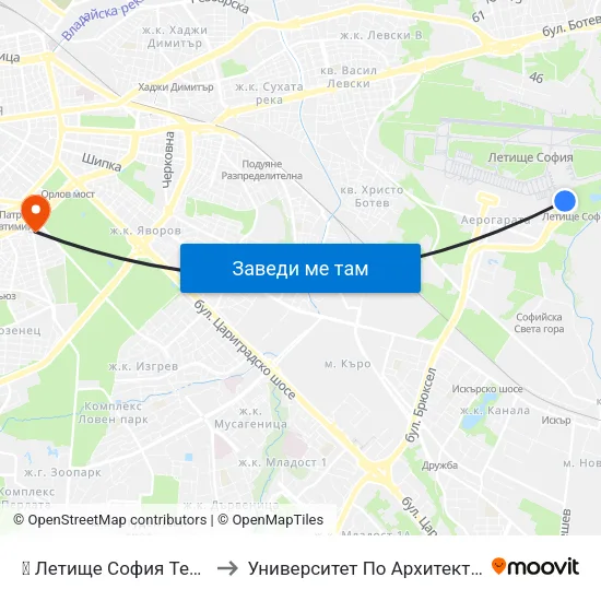 ✈️ Летище София Терминал 2 / Sofia Airport Terminal 2 to Университет По Архитектура, Строителство И Геодезия - Ректорат map