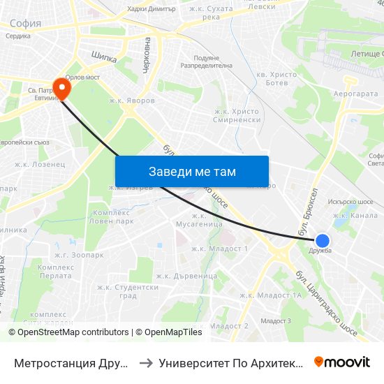 Метростанция Дружба / Druzhba Metro Station (0235) to Университет По Архитектура, Строителство И Геодезия - Ректорат map