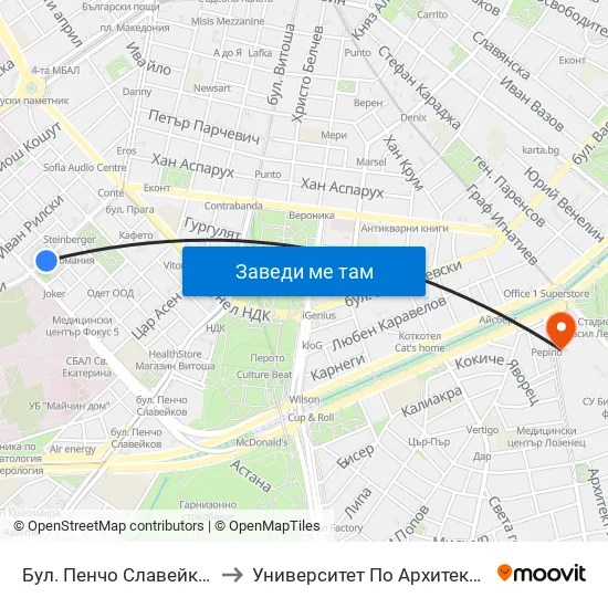 Бул. Пенчо Славейков / Pencho Slaveykov Blvd. (0358) to Университет По Архитектура, Строителство И Геодезия - Ректорат map
