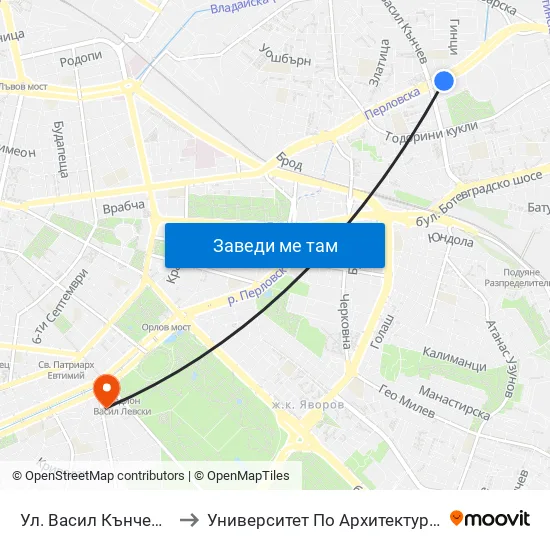 Ул. Васил Кънчев / Vasil Kanchev St. (1863) to Университет По Архитектура, Строителство И Геодезия - Ректорат map