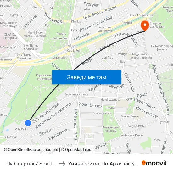 Пк Спартак / Spartak Swimming Complex (1344) to Университет По Архитектура, Строителство И Геодезия - Ректорат map