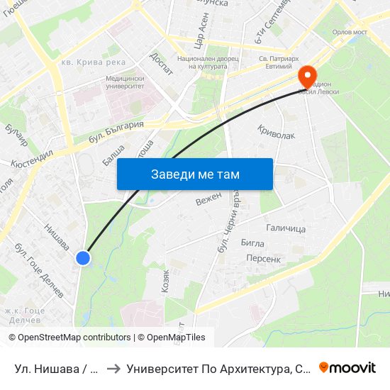 Ул. Нишава / Nishava St. (2062) to Университет По Архитектура, Строителство И Геодезия - Ректорат map