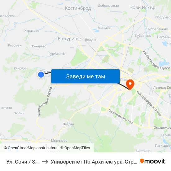 Ул. Сочи / Sochi St. (2786) to Университет По Архитектура, Строителство И Геодезия - Ректорат map