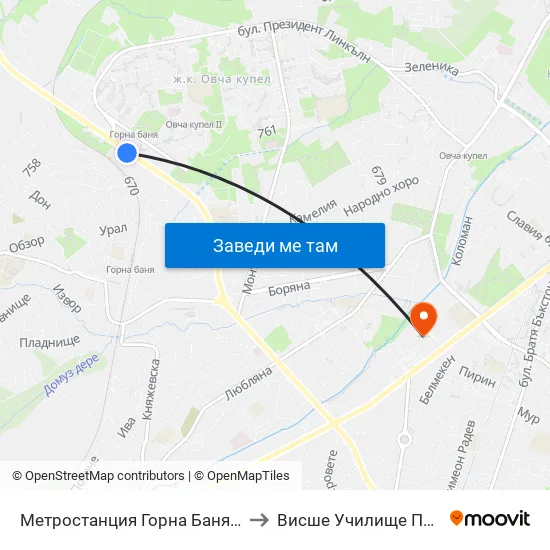 Ⓜ️ Метростанция Горна Баня / Gorna Banya Metro Station (0683) to Висше Училище По Застраховане И Финанси map