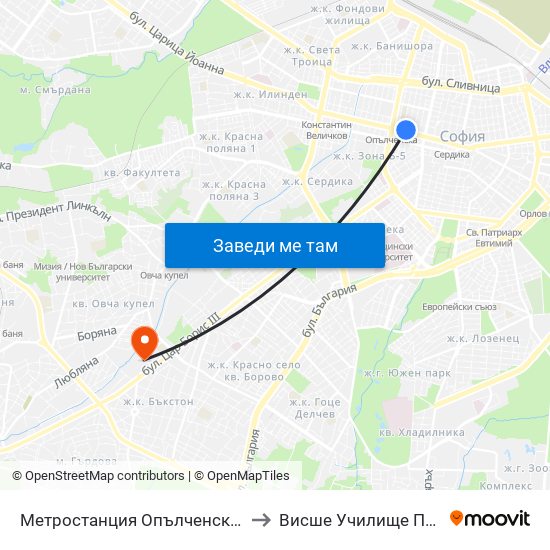 Метростанция Опълченска / Opalchenska Metro Station (1058) to Висше Училище По Застраховане И Финанси map