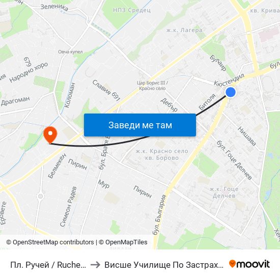 Пл. Ручей / Ruchey Sq. (1301) to Висше Училище По Застраховане И Финанси map
