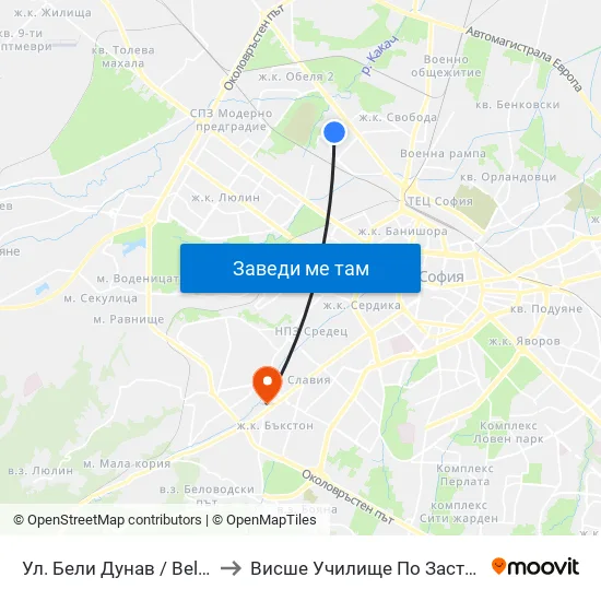 Ул. Бели Дунав / Beli Dunav St. (1838) to Висше Училище По Застраховане И Финанси map