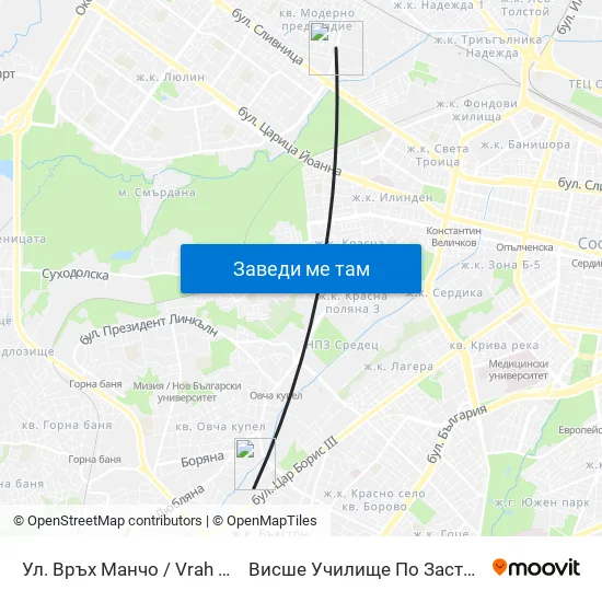 Ул. Връх Манчо / Vrah Mancho St. (1199) to Висше Училище По Застраховане И Финанси map