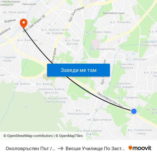 Околовръстен Път / Ring Road (1175) to Висше Училище По Застраховане И Финанси map