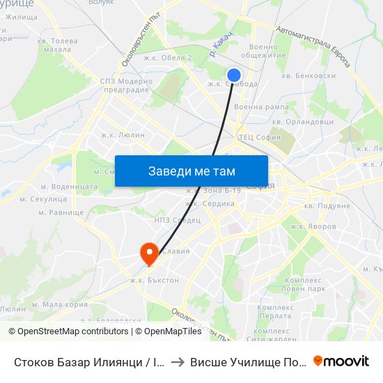 Стоков Базар Илиянци / Iliyantsi Commodity Market (0485) to Висше Училище По Застраховане И Финанси map