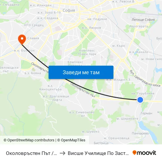 Околовръстен Път / Ring Road (1182) to Висше Училище По Застраховане И Финанси map