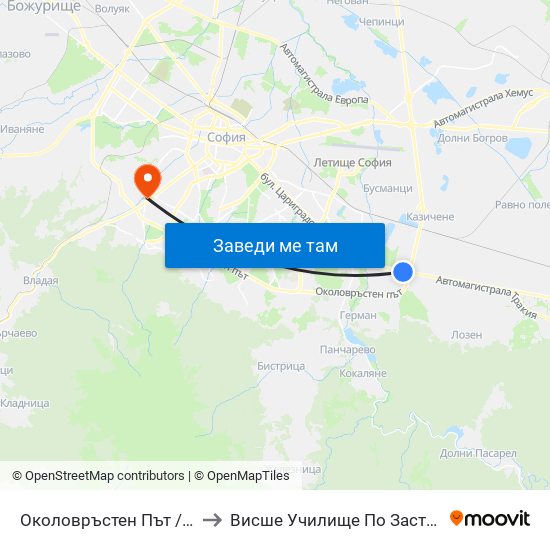 Околовръстен Път / Ring Road (1183) to Висше Училище По Застраховане И Финанси map