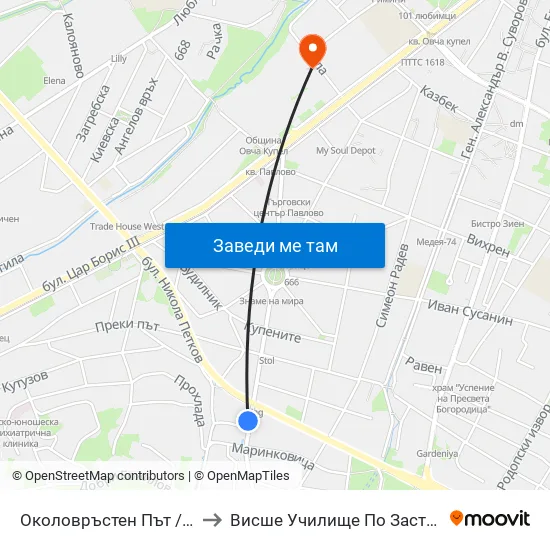 Околовръстен Път / Ring Road (1179) to Висше Училище По Застраховане И Финанси map