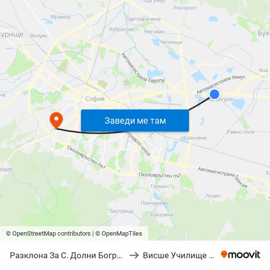 Разклона За С. Долни Богров / Fork Road To Dolni Bogrov Village (1213) to Висше Училище По Застраховане И Финанси map