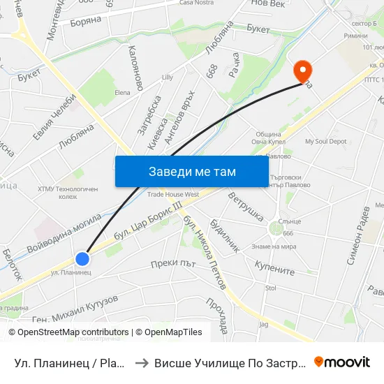 Ул. Планинец / Planinets St. (2104) to Висше Училище По Застраховане И Финанси map