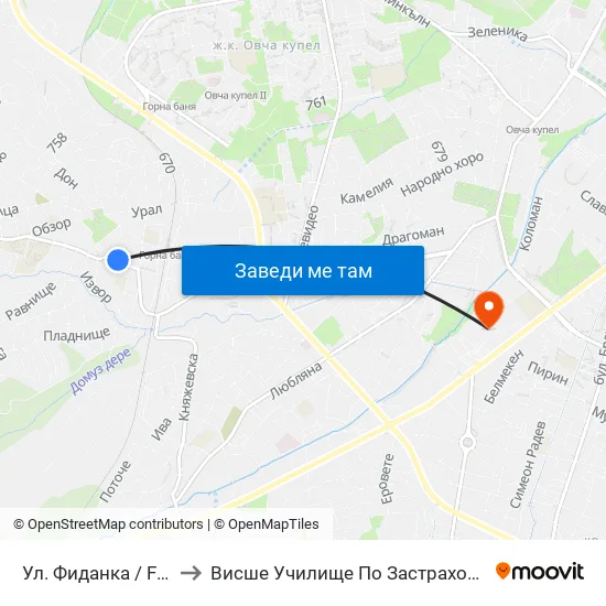 Ул. Фиданка / Fidanka St. to Висше Училище По Застраховане И Финанси map