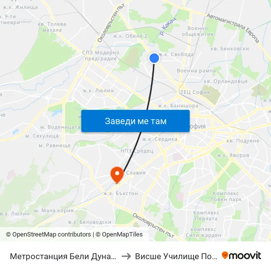 Ⓜ️ Метростанция Бели Дунав / Beli Dunav Metro Station (6707) to Висше Училище По Застраховане И Финанси map