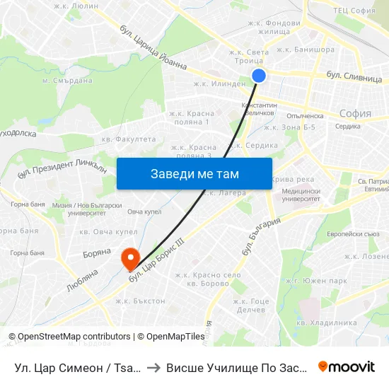 Ул. Цар Симеон / Tsar Simeon St. (2249) to Висше Училище По Застраховане И Финанси map