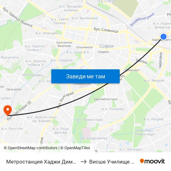 Метростанция Хаджи Димитър / Hadzhi Dimitar Metro Station (2821) to Висше Училище По Застраховане И Финанси map