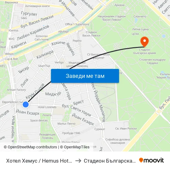 Ⓜ️ Хотел Хемус / Hemus Hotel (2329) to Стадион Българска Армия map