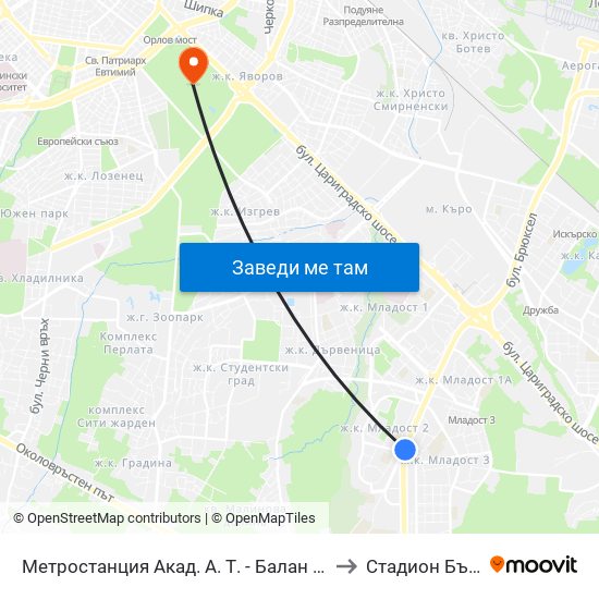 Метростанция Акад. А. Т. - Балан / Acad. A. T.-Balan Metro Station (1917) to Стадион Българска Армия map