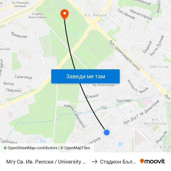 Мгу Св. Ив. Рилски / University Of Mining And Geology (1033) to Стадион Българска Армия map