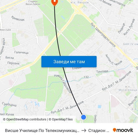 Висше Училище По Телекомуникации / University Of Telecommunications And Post (1397) to Стадион Българска Армия map