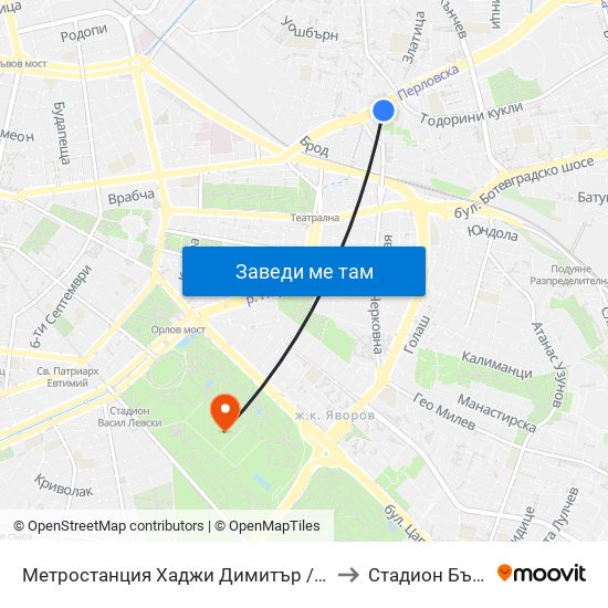 Метростанция Хаджи Димитър / Hadzhi Dimitar Metro Station (0303) to Стадион Българска Армия map