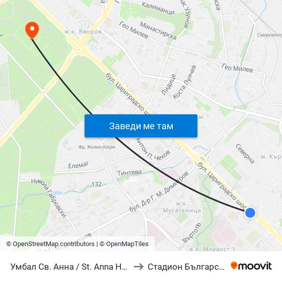 Умбал Св. Анна / St. Anna Hospital (1194) to Стадион Българска Армия map