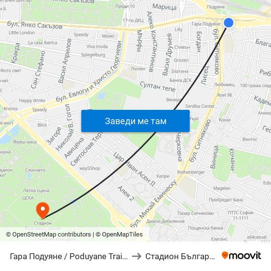 Гара Подуяне / Poduyane Train Station (0466) to Стадион Българска Армия map