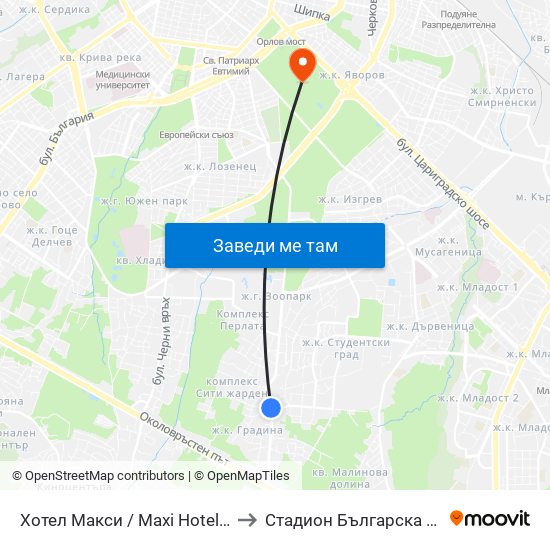 Хотел Макси / Maxi Hotel (2321) to Стадион Българска Армия map