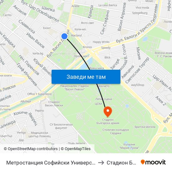 Метростанция Софийски Университет / Sofia University Metro Station (2827) to Стадион Българска Армия map