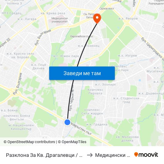 Разклона За Кв. Драгалевци / Fork Road To Dragalevtsi Qr. (1457) to Медицински Център Лозенец map