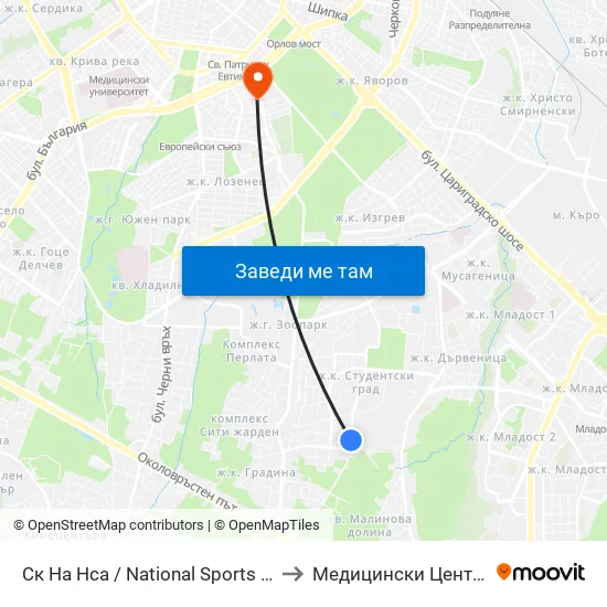 Ск На Нса / National Sports Academy (1609) to Медицински Център Лозенец map