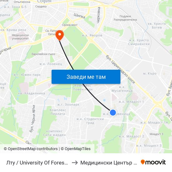 Лту / University Of Forestry (0614) to Медицински Център Лозенец map