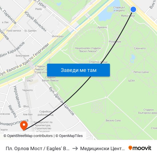 Пл. Орлов Мост / Eagles' Bridge Sq. (1287) to Медицински Център Лозенец map