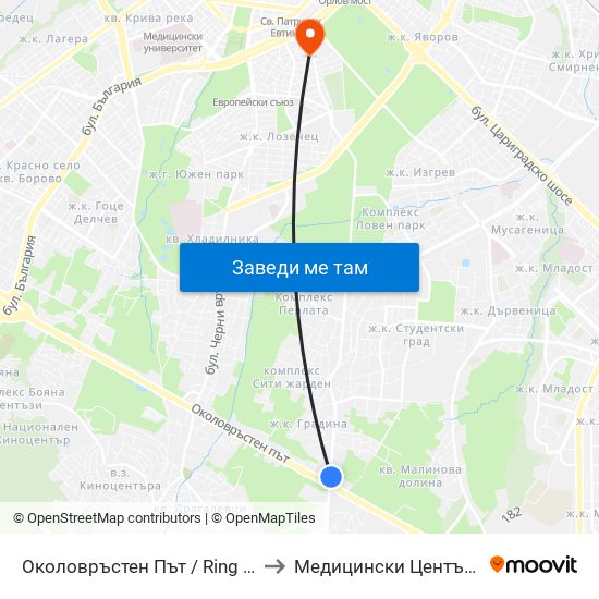 Околовръстен Път / Ring Road (1175) to Медицински Център Лозенец map
