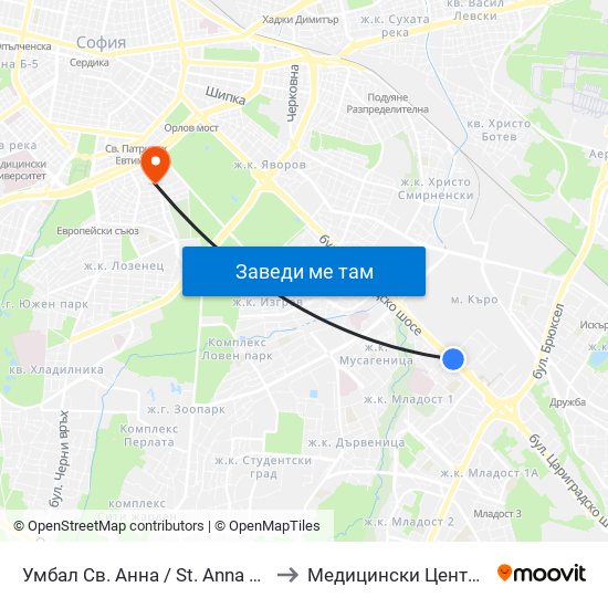 Умбал Св. Анна / St. Anna Hospital (1196) to Медицински Център Лозенец map