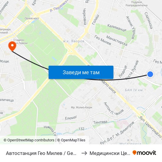 Автостанция Гео Милев / Geo Milev Bus Station (0052) to Медицински Център Лозенец map