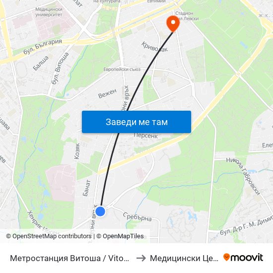 Метростанция Витоша / Vitosha Metro Station (0909) to Медицински Център Лозенец map