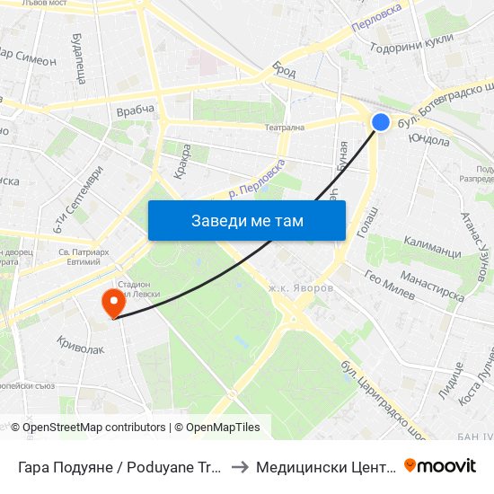 Гара Подуяне / Poduyane Train Station (0466) to Медицински Център Лозенец map